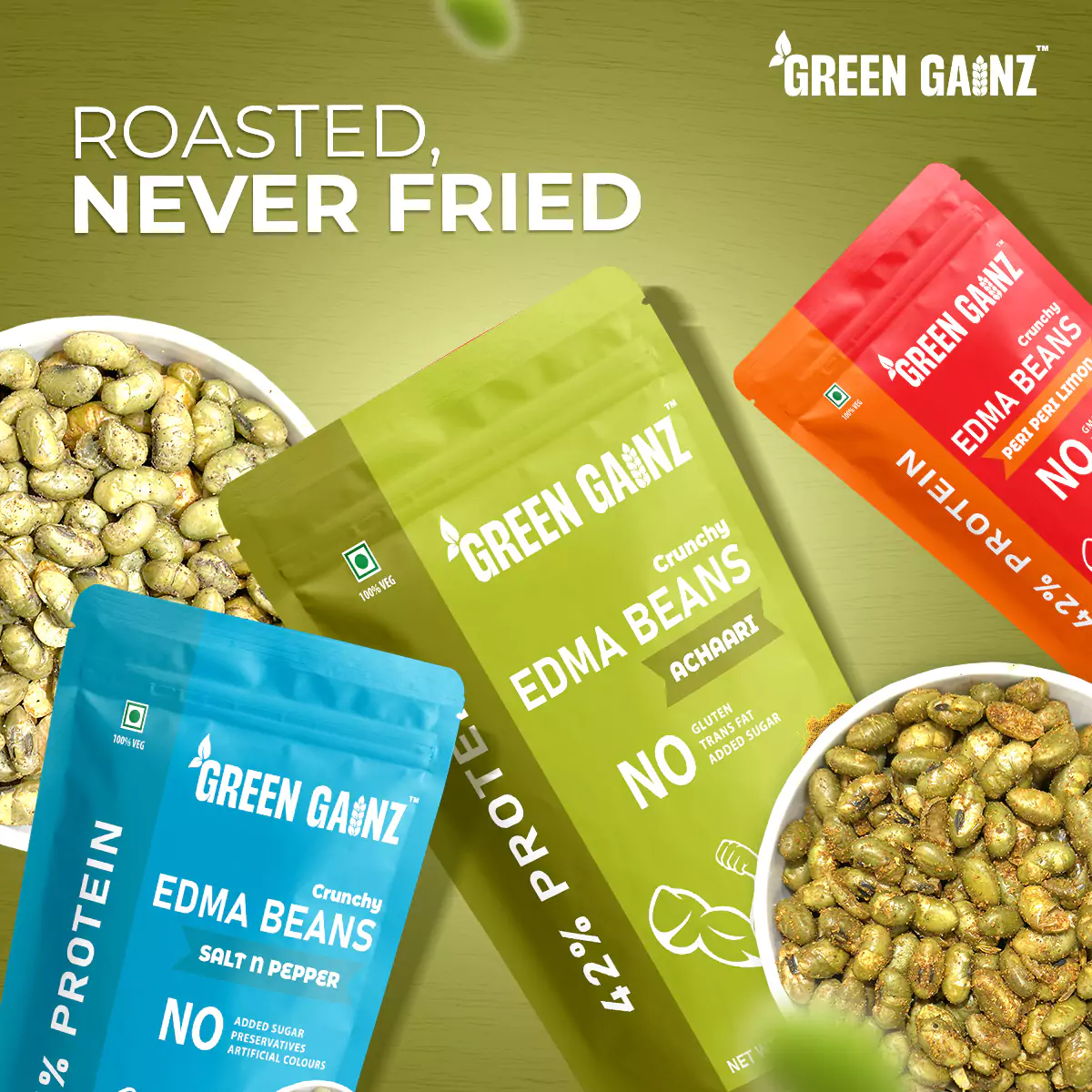 Edamame Assorted Flavours Peri Peri Limon, Achaari, Salt n Pepper – Pack of 3(100gm each) - Healthy Namkeen - Image 3