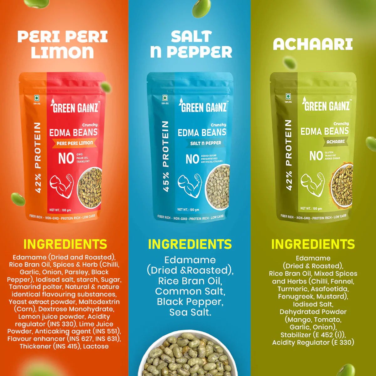 Edamame Assorted Flavours Peri Peri Limon, Achaari, Salt n Pepper – Pack of 3(100gm each) - Healthy Namkeen - Image 5